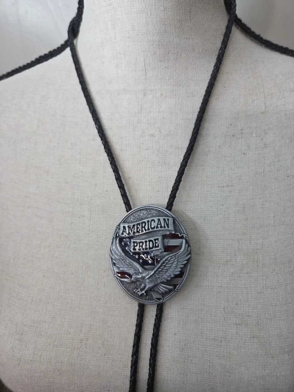 patriotic American Pride Silver Eagle Bolo Tie Black leather Cord 40in mens